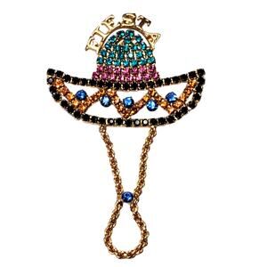 Fiesta Rhinestone Sombrero Hat Chain Drop Dangle Gold Tone Brooch Pin Unsigned